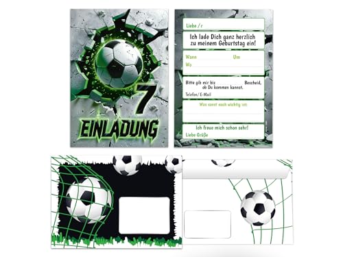12 Einladungskarten inkl. 12 Umschläge zum 7. Kindergeburtstag Fußball Fussball Kinder Jungen coole bunte Einladungen siebte Geburtstag Geburtstagseinladungen Kids von Junaversum