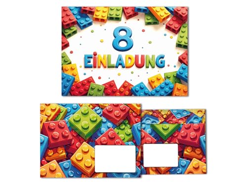 12 Einladungskarten inkl. 12 Umschläge zum 8. Kindergeburtstag Bausteine Kinder Jungen Mädchen coole bunte Einladungen achte Geburtstag Geburtstagseinladungen Kids von Junaversum