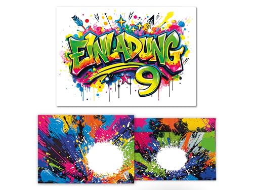 12 Einladungskarten inkl. 12 Umschläge zum 9. Kindergeburtstag Kinder Graffiti Mädchen Junge coole bunte Einladungen neunte Geburtstag Geburtstagseinladungen Kids von Junaversum