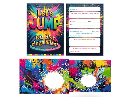 12 Einladungskarten inkl. 12 Umschläge zum Kindergeburtstag Jump Party Mädchen Jungen Kinder coole bunte Einladungen Geburtstag Geburtstagseinladungen Kids von Junaversum