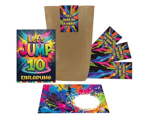 12 Einladungskarten zum 10. Kindergeburtstag Jump Party Jungen Mädchen Kinder coole bunte Einladungen zehnte Geburtstag Geburtstagseinladungen Kids inkl. 12 Umschläge, 12 Tüten, 12 Aufkleber von Junaversum