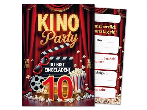 12 Einladungskarten zum 10. Kindergeburtstag Kino Party Mädchen Jungen rot coole bunte Einladungen zehnte Geburtstag Geburtstagseinladungen Kids Kinogeburtstag von Junaversum
