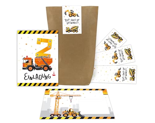 12 Einladungskarten zum 2. zweiten Kindergeburtstag Jungen Baustelle Bagger incl. 12 Umschläge, 12 Tüten, 12 Aufkleber von Junaversum