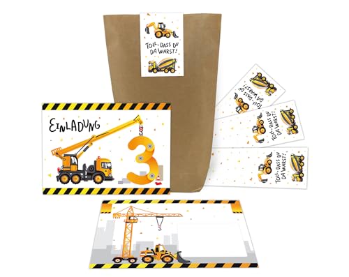12 Einladungskarten zum 3. dritten Kindergeburtstag Jungen Baustelle Bagger incl. 12 Umschläge, 12 Tüten, 12 Aufkleber 12 Einladungskarten zum 3. dritten Kindergeburtstag Jungen Baustelle Bagger incl. 12 Umschläge, 12 Tüten, 12 Aufkleber von Junaversum