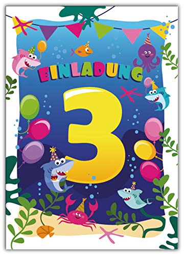 12 Einladungskarten zum 3. dritten Kindergeburtstag Mädchen Jungen Hai 12 Einladungskarten zum 3. dritten Kindergeburtstag Mädchen Jungen Hai von Junaversum