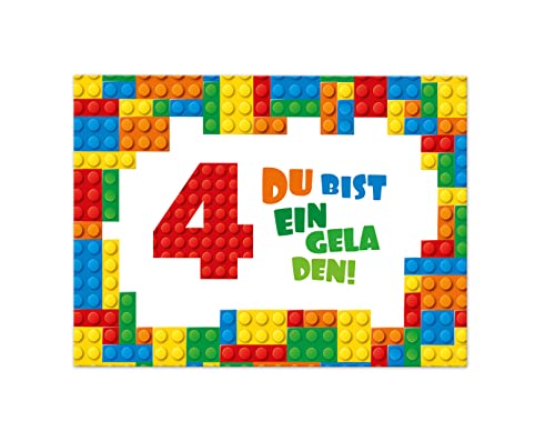 12 Einladungskarten zum 4. Kindergeburtstag Einladung vierte Geburtstag Jungen Bausteine von Junaversum