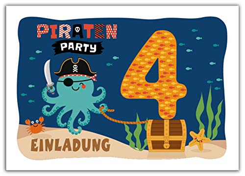 12 Einladungskarten zum 4. Kindergeburtstag Jungen Mädchen Pirat Piraten-Party von Junaversum
