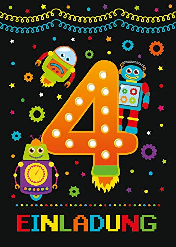 12 Einladungskarten zum 4. Kindergeburtstag vierte Geburtstag Jungen Jungs Robot Roboter von Junaversum