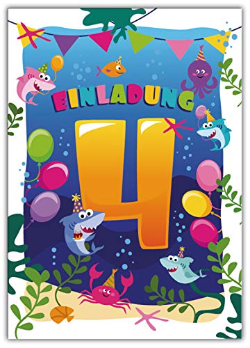 12 Einladungskarten zum 4. vierten Kindergeburtstag Mädchen Jungen Hai von Junaversum