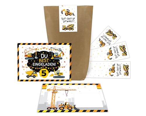 12 Einladungskarten zum 5. Kindergeburtstag Bagger Baustelle Kinder Jungen coole bunte Einladungen fünfte Geburtstag Geburtstagseinladungen Kids inkl. 12 Umschläge, 12 Tüten, 12 Aufkleber von Junaversum