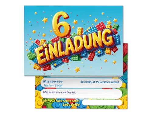 12 Einladungskarten zum 6. Kindergeburtstag Bausteine Mädchen Jungen Kinder coole bunte Einladungen sechste Geburtstag Geburtstagseinladungen Kids von Junaversum