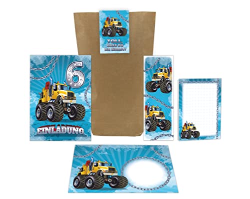 12 Einladungskarten zum 6. Kindergeburtstag Einladung sechste Geburtstag Jungen Monster-Truck Auto incl. 12 Umschläge, 12 Tüten, 12 Aufkleber, 12 Lesezeichen, 12 Blöcke von Junaversum
