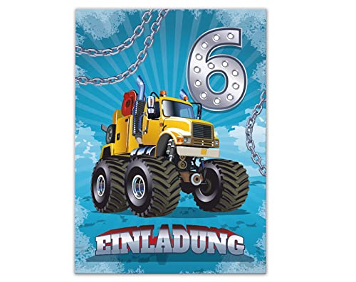 12 Einladungskarten zum 6. Kindergeburtstag Einladung sechste Geburtstag Jungen Monster-Truck Auto von Junaversum