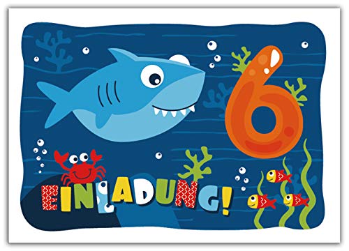 12 Einladungskarten zum 6. Kindergeburtstag sechste Geburtstag Jungen Jungs Mädchen Hai Einladungen zum Geburtstag von Junaversum