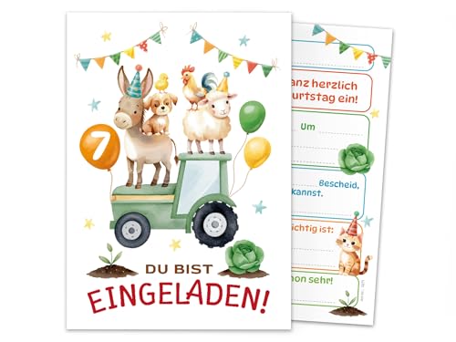 12 Einladungskarten zum 7. Kindergeburtstag Bauernhof Mädchen Kinder Jungen coole bunte Einladungen siebte Geburtstag Geburtstagseinladungen Kids von Junaversum