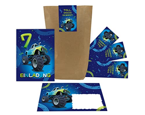 12 Einladungskarten zum 7. Kindergeburtstag Einladung siebte Geburtstag Jungen Auto Monster-Truck incl. 12 Umschläge, 12 Tüten, 12 Aufkleber von Junaversum