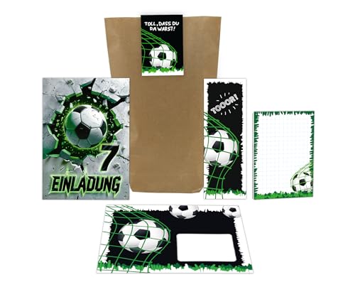 12 Einladungskarten zum 7. Kindergeburtstag Fußball Fussball Kinder Jungen Einladungen siebte Geburtstag Geburtstagseinladungen inkl. 12 Umschläge, 12 Tüten, 12 Aufkleber, 12 Lesezeichen, 12 Blöcke von Junaversum