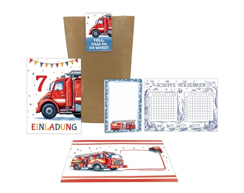 12 Einladungskarten zum 7. Kindergeburtstag Jungen Feuerwehr Junge Kinder coole Einladungen siebte Geburtstag inkl. 12 Umschläge, 12 Tüten, 12 Aufkleber, 12 Blöcke, 12 Schiffe versenken von Junaversum