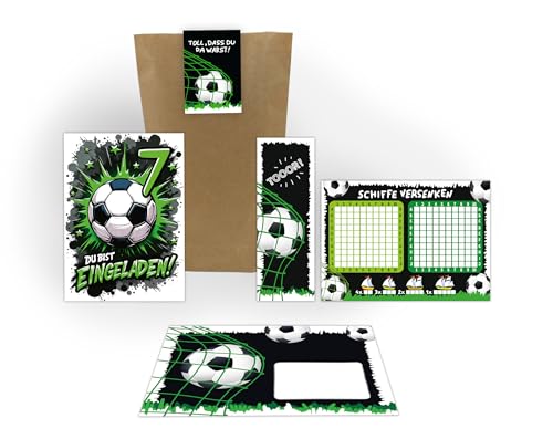 12 Einladungskarten zum 7. Kindergeburtstag Jungen Fußball Fussball Kinder coole Einladungen siebte Geburtstag inkl. 12 Umschläge, 12 Tüten, 12 Aufkleber, 12 Lesezeichen, 12 Schiffe versenken von Junaversum