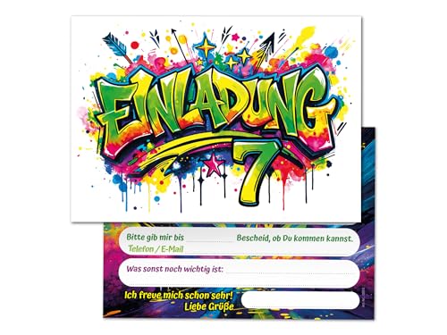 12 Einladungskarten zum 7. Kindergeburtstag Kinder Graffiti Mädchen Junge coole bunte Einladungen siebte Geburtstag Geburtstagseinladungen Kids von Junaversum