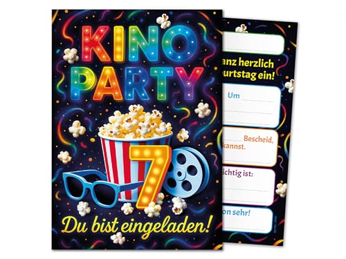 12 Einladungskarten zum 7. Kindergeburtstag Kino Party Mädchen Jungen bunt coole bunte Einladungen siebte Geburtstag Geburtstagseinladungen Kids Kinogeburtstag von Junaversum