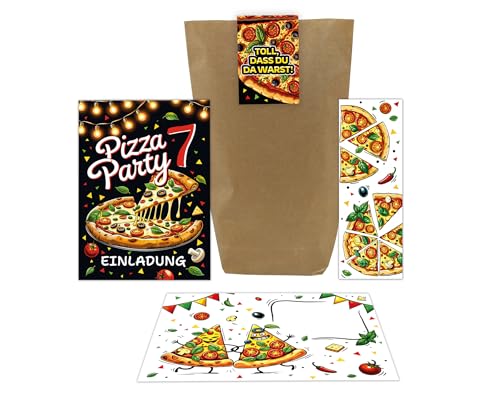 12 Einladungskarten zum 7. Kindergeburtstag Pizza Party Pizza-Party Pizzaessen Kinder Mädchen Jungen Einladungen siebte Geburtstag inkl. 12 Umschläge, 12 Tüten, 12 Aufkleber, 12 Lesezeichen von Junaversum
