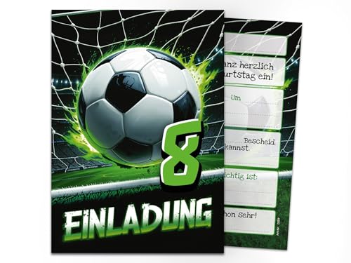 12 Einladungskarten zum 8. Kindergeburtstag Fußball Fussball Jungen Kinder coole bunte Einladungen achte Geburtstag Geburtstagseinladungen Kids von Junaversum