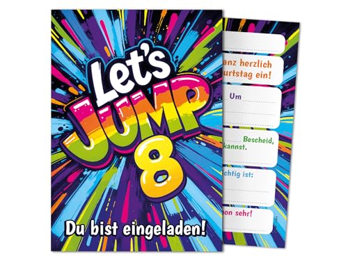 12 Einladungskarten zum 8. Kindergeburtstag Jump Party Mädchen Kinder Jungen coole bunte Einladungen achte Geburtstag Geburtstagseinladungen Kids 12 Einladungskarten zum 8. Kindergeburtstag Jump Party Mädchen Kinder Jungen coole bunte Einladungen achte Geburtstag Geburtstagseinladungen Kids von Junaversum
