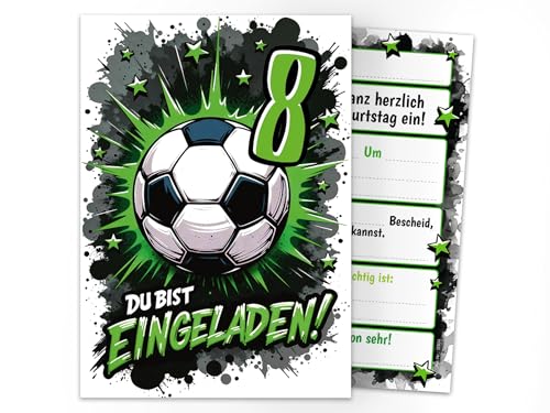 12 Einladungskarten zum 8. Kindergeburtstag Jungen Fußball Fussball Kinder coole bunte Einladungen achte Geburtstag Geburtstagseinladungen Kids von Junaversum