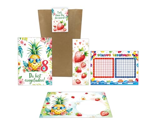 12 Einladungskarten zum 8. Kindergeburtstag Mädchen Ananas Kinder Sommer coole bunte Einladungen achte Geburtstag inkl. 12 Umschläge, 12 Tüten, 12 Aufkleber, 12 Lesezeichen, 12 Schiffe versenken 12 Einladungskarten zum 8. Kindergeburtstag Mädchen Ananas Kinder Sommer coole bunte Einladungen achte Geburtstag inkl. 12 Umschläge, 12 Tüten, 12 Aufkleber, 12 Lesezeichen, 12 Schiffe versenken von Junaversum