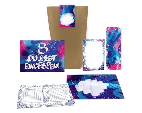 12 Einladungskarten zum 8. Kindergeburtstag Mädchen Jungen Graffiti Einladungen achte Geburtstag incl. 12 Umschläge, 12 Tüten, 12 Aufkleber, 12 Lesezeichen, 12 Blöcke, 12 Schiffe versenken von Junaversum