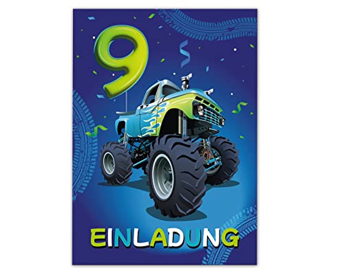 12 Einladungskarten zum 9. Kindergeburtstag Einladung neunte Geburtstag Jungen Auto Monster-Truck von Junaversum