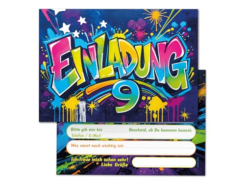 12 Einladungskarten zum 9. Kindergeburtstag Graffiti Mädchen Junge Kinder coole bunte Einladungen neunte Geburtstag Geburtstagseinladungen Kids von Junaversum