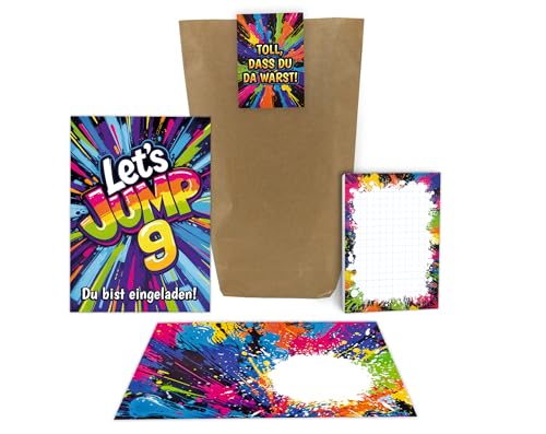 12 Einladungskarten zum 9. Kindergeburtstag Jump Party Mädchen Kinder Jungen coole bunte Einladungen neunte Geburtstag Geburtstagseinladungen Kids inkl. 12 Umschläge, 12 Tüten, 12 Aufkleber, 12 Blöcke 12 Einladungskarten zum 9. Kindergeburtstag Jump Party Mädchen Kinder Jungen coole bunte Einladungen neunte Geburtstag Geburtstagseinladungen Kids inkl. 12 Umschläge, 12 Tüten, 12 Aufkleber, 12 Blöcke von Junaversum