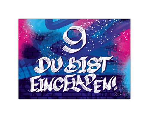 12 Einladungskarten zum 9. Kindergeburtstag Mädchen Jungen Graffiti Einladungen neunte Geburtstag Kinder von Junaversum