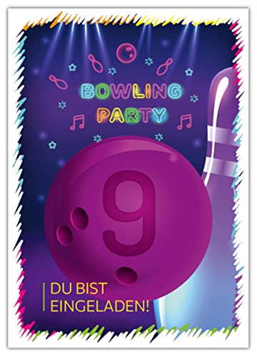 12 Einladungskarten zum 9. Kindergeburtstag neunte Geburtstag Mädchen Jungen Bowling Bowling-Party von Junaversum