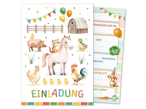 12 Einladungskarten zum Kindergeburtstag Bauernhof Kinder Jungen Mädchen coole bunte Einladungen Geburtstag Geburtstagseinladungen Kids von Junaversum