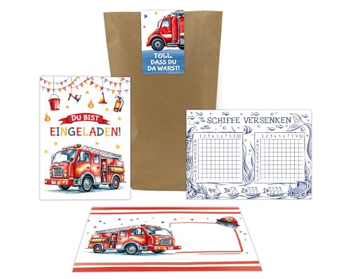 12 Einladungskarten zum Kindergeburtstag Feuerwehr Kinder Jungen coole Einladungen Geburtstag Geburtstagseinladungen Kids inkl. 12 Umschläge, 12 Tüten, 12 Aufkleber, 12 Schiffe versenken von Junaversum