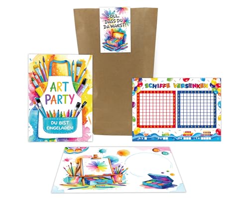 12 Einladungskarten zum Kindergeburtstag Mädchen Jungen Art Kreativ Malparty Kunst Einladungen Geburtstag Geburtstagseinladungen Kids inkl. 12 Umschläge, 12 Tüten, 12 Aufkleber, 12 Schiffe versenken von Junaversum