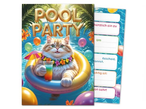 12 Einladungskarten zum Kindergeburtstag Schwimmbad Pool Party Katze Mädchen Jungen Kinder Einladungen Geburtstag Geburtstagseinladungen Kids von Junaversum