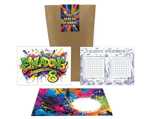 6 Einladungskarten 8. Kindergeburtstag Kinder Graffiti Mädchen Junge coole Einladungen achte Geburtstag Geburtstagseinladungen Kids inkl. 6 Umschläge, 6 Tüten, 6 Aufkleber, 6 Schiffe versenken von Junaversum