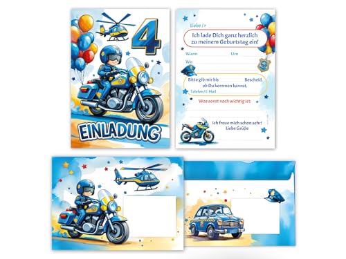 6 Einladungskarten inkl. 6 Umschläge zum 4. Kindergeburtstag Jungen Polizei Junge Kinder coole bunte Einladungen vierte Geburtstag Geburtstagseinladungen Kids von Junaversum