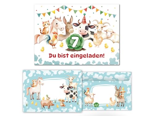 6 Einladungskarten inkl. 6 Umschläge zum 7. Kindergeburtstag Bauernhof Kinder Mädchen Jungen coole bunte Einladungen siebte Geburtstag Geburtstagseinladungen Kids von Junaversum