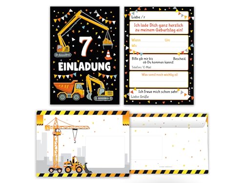6 Einladungskarten inkl. 6 Umschläge zum 7. Kindergeburtstag Jungen Bagger Baustelle Kinder coole bunte Einladungen siebte Geburtstag Geburtstagseinladungen Kids von Junaversum