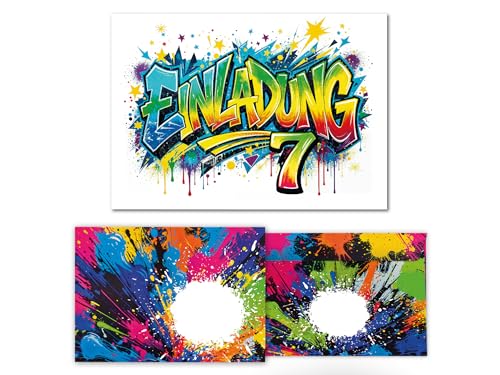 6 Einladungskarten inkl. 6 Umschläge zum 7. Kindergeburtstag Kinder Graffiti Junge Mädchen coole bunte Einladungen siebte Geburtstag Geburtstagseinladungen Kids von Junaversum