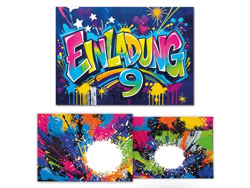6 Einladungskarten inkl. 6 Umschläge zum 9. Kindergeburtstag Graffiti Mädchen Junge Kinder coole bunte Einladungen neunte Geburtstag Geburtstagseinladungen Kids von Junaversum