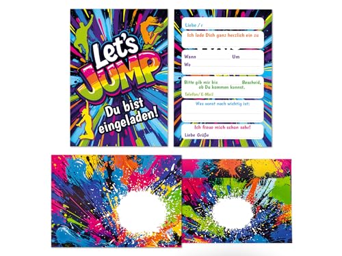 6 Einladungskarten inkl. 6 Umschläge zum Kindergeburtstag Jump Party Mädchen Kinder Jungen coole bunte Einladungen Geburtstag Geburtstagseinladungen Kids von Junaversum