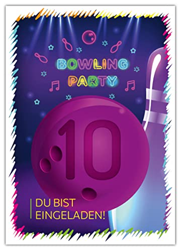 6 Einladungskarten zum 10. Kindergeburtstag zehnte Geburtstag Mädchen Jungen Bowling Bowling-Party von Junaversum