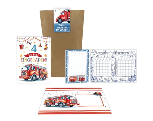 6 Einladungskarten zum 4. Kindergeburtstag Jungen Feuerwehr Kinder Junge coole bunte Einladungen vierte Geburtstag inkl. 6 Umschläge, 6 Tüten, 6 Aufkleber, 6 Blöcke, 6 Schiffe versenken von Junaversum