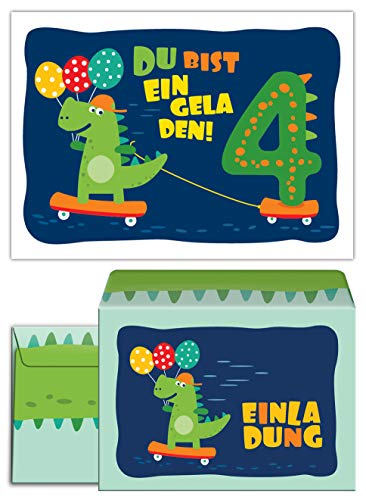 6 Einladungskarten incl. 6 Umschläge zum 4. Kindergeburtstag Jungen Jungs Mädchen Dinosaurier Einladungen vierte Geburtstag von Junaversum